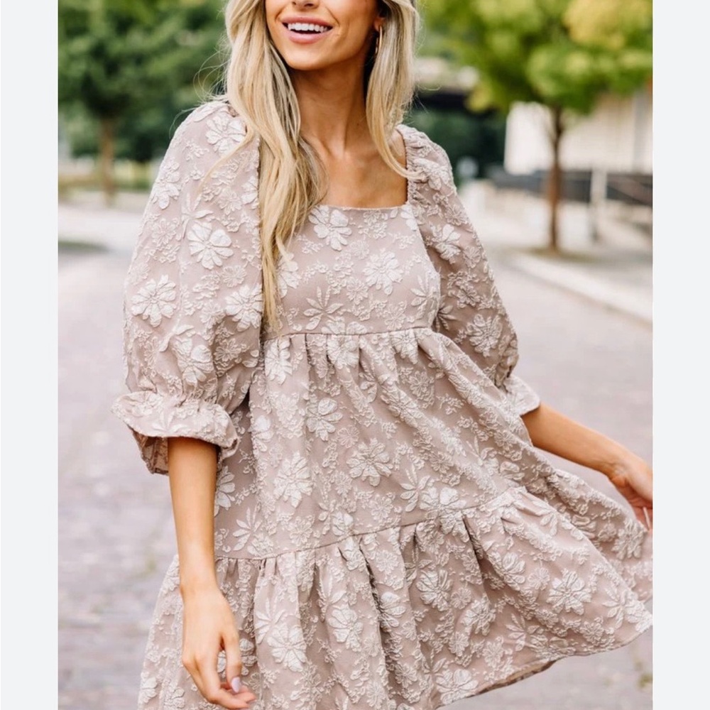entro Tan Floral Babydoll Dress Small Puff Sleeve Cottagecore Boho